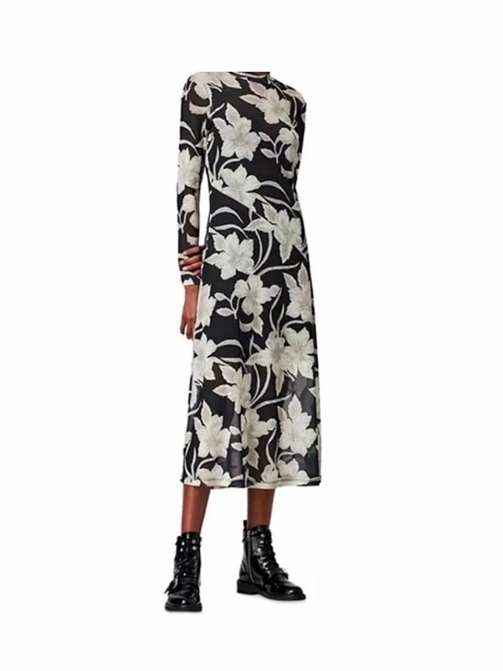 AllSaints Hanna Mesh Midi Dress Floral Black & White